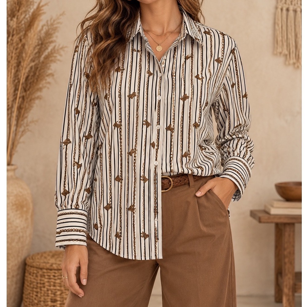 Chicos No Iron Stripe Chain Tassel Print Button Down Shirt Blouse Size 1.5 10 d5